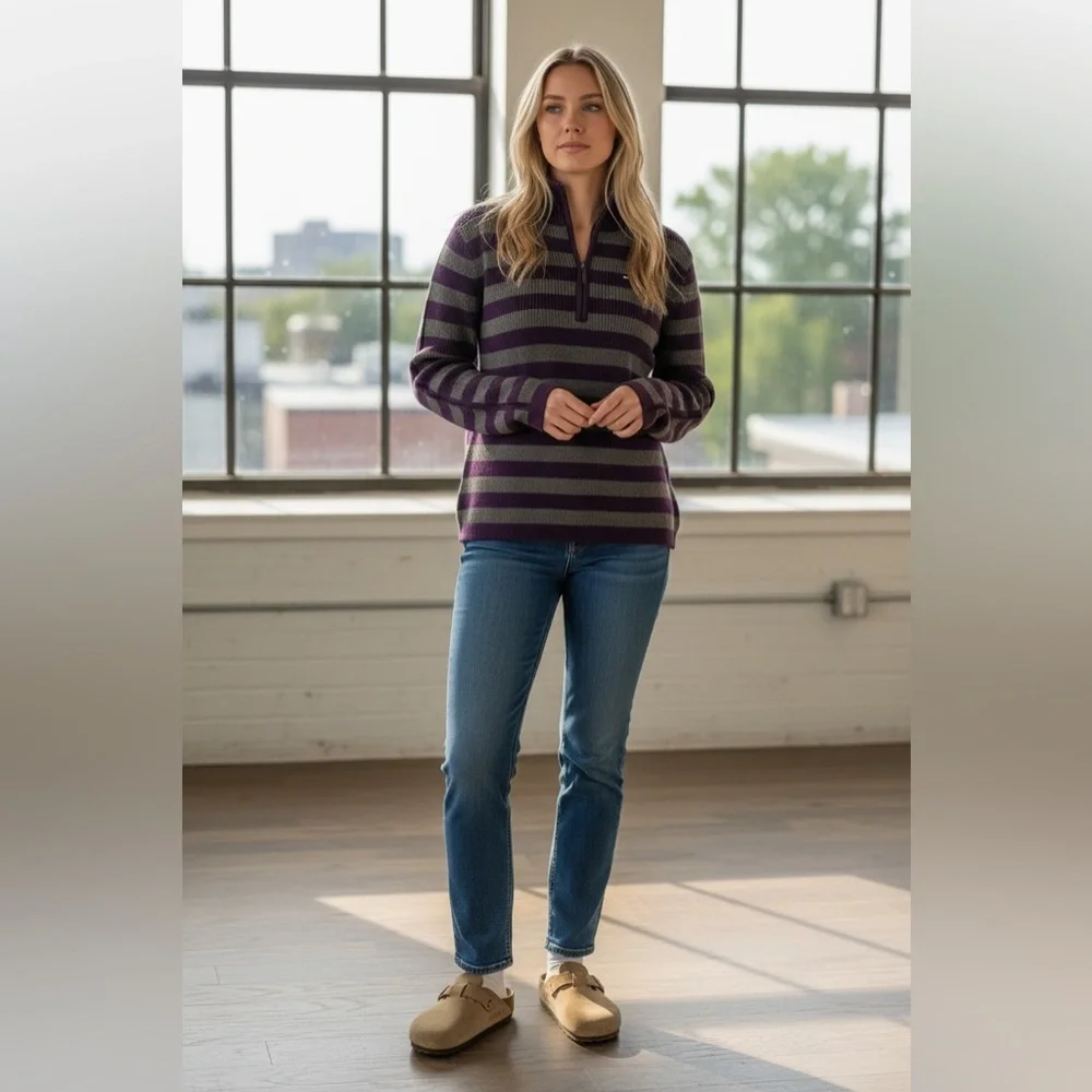 Tommy Hilfiger Sugarplum & Stone Grey  Stripe Sweater Large